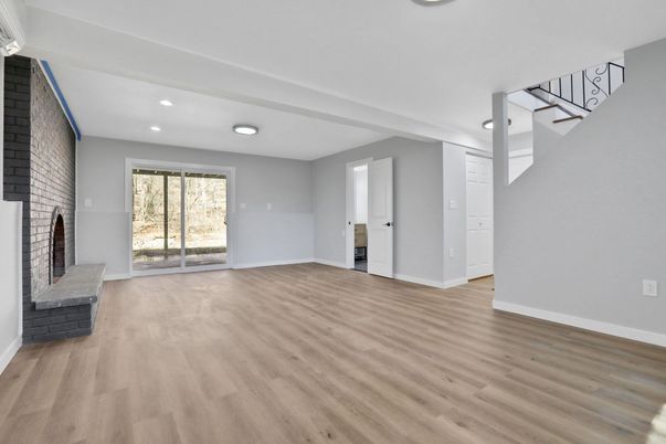 Empty room, Fireplace, Interior, Recessed Lighting, Wood Texture Flooring