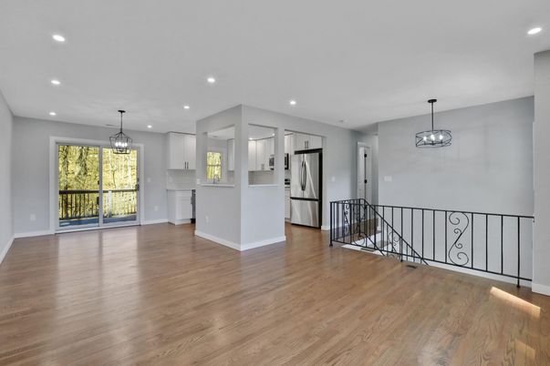Empty room, Interior, Kitchen, Pendant Lights, Recessed Lighting, Wood Texture Flooring