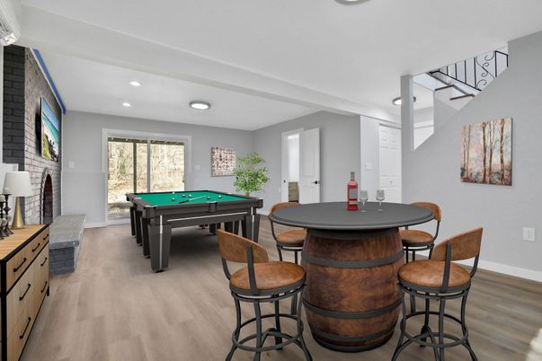 Billiard Table, Game Room, Interior, Recessed Lighting, Stone Walls, Wood Texture Flooring