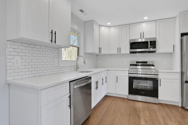 Interior, Kitchen, Recessed Lighting, Stainless Steel Appliances, Wood Texture Flooring