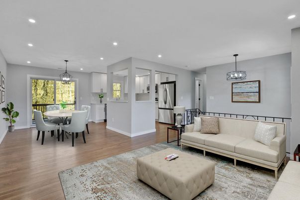 Dining room, Interior, Kitchen, Living room, Pendant Lights, Recessed Lighting, Wood Texture Flooring