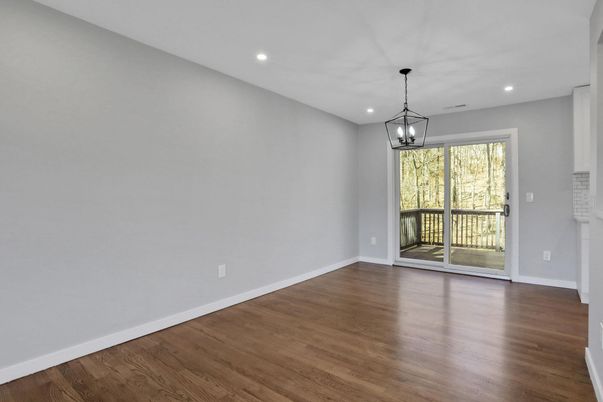 Empty room, Interior, Pendant Lights, Recessed Lighting, Wood Texture Flooring