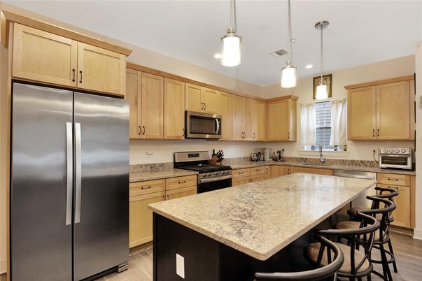 Interior, Kitchen, Pendant Lights, Recessed Lighting, Stainless Steel Appliances, Wood Texture Flooring