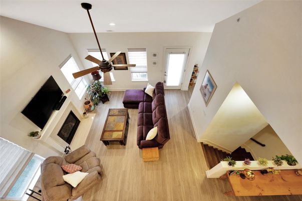 Fireplace, Interior, Living room, Recessed Lighting, Wood Texture Flooring