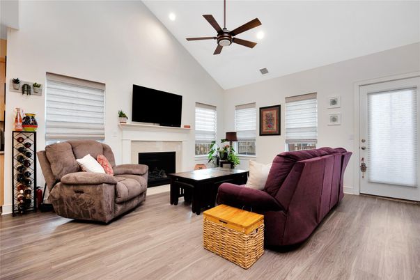 Fireplace, Interior, Living room, Recessed Lighting, Wood Texture Flooring
