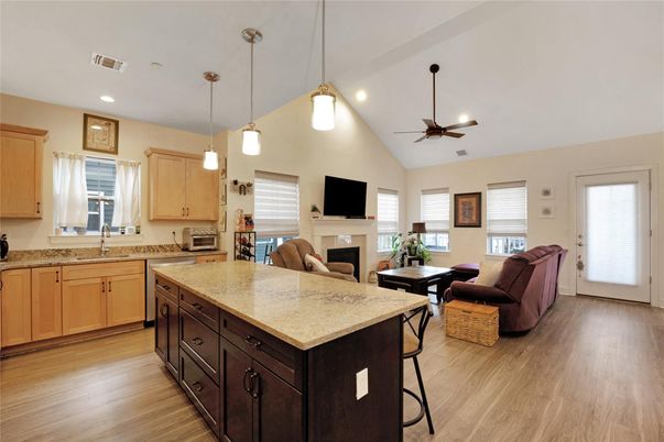 Fireplace, Interior, Kitchen, Living room, Pendant Lights, Recessed Lighting, Wood Texture Flooring