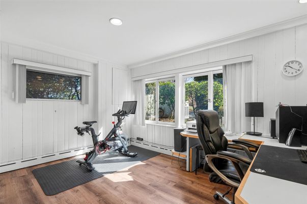 Fitness Equipment, Home Office, Interior, Recessed Lighting, Wood Texture Flooring