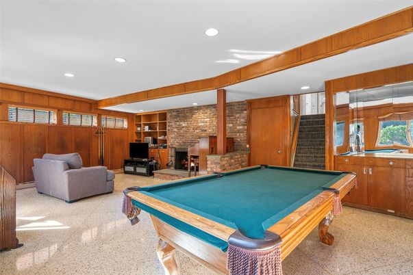 Billiard Table, Fireplace, Game Room, Interior, Recessed Lighting, Stone Walls