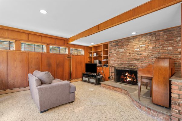 Fireplace, Interior, Recessed Lighting, Stone Walls, Wooden Beams, Wooden Walls