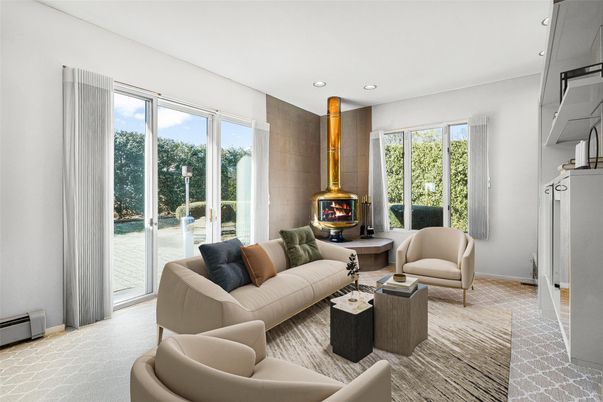 Fireplace, Interior, Living room, Recessed Lighting, Stone Walls