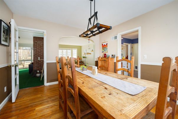 Dining room, Interior, Pendant Lights, Wood Texture Flooring