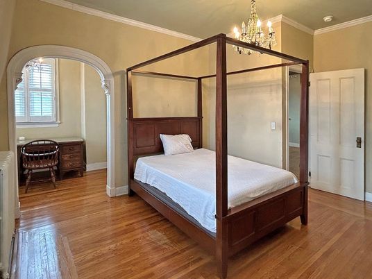 Bedroom, Chandelier, Interior, Wood Texture Flooring