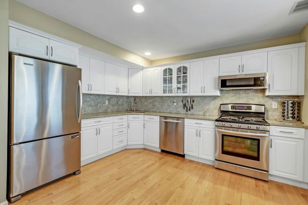 Interior, Kitchen, Recessed Lighting, Stainless Steel Appliances, Wood Texture Flooring