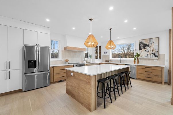 Interior, Kitchen, Pendant Lights, Recessed Lighting, Stainless Steel Appliances, Wood Texture Flooring