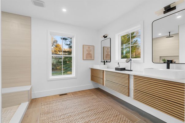 Bathroom, Dual Sink Vanities, Interior, Recessed Lighting, Wood Texture Flooring