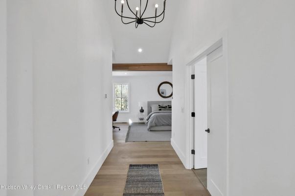 Bedroom, Chandelier, Interior, Recessed Lighting, Wooden Beams, Wood Texture Flooring