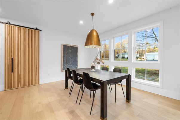 Dining room, Interior, Pendant Lights, Recessed Lighting, Wood Texture Flooring