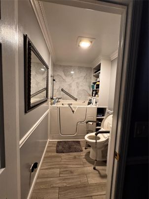 Bathroom, Interior, Marble Walls, Wood Texture Flooring