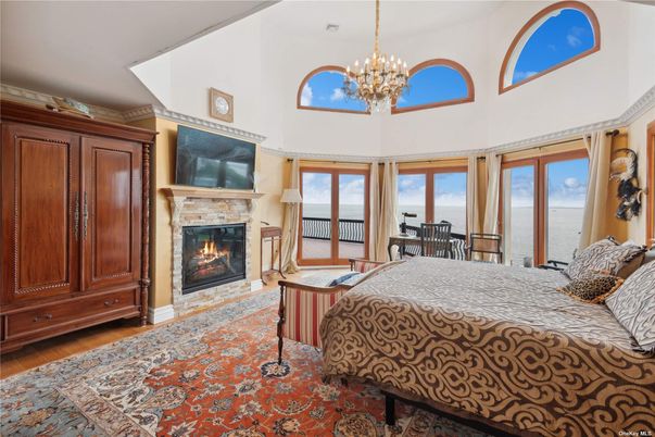 Bedroom, Chandelier, Fireplace, Interior, Wood Texture Flooring