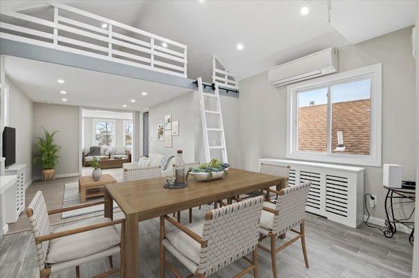 Dining room, Interior, Living room, Recessed Lighting, Wood Texture Flooring