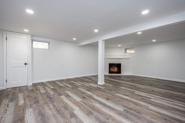 Empty room, Fireplace, Interior, Recessed Lighting, Wood Texture Flooring