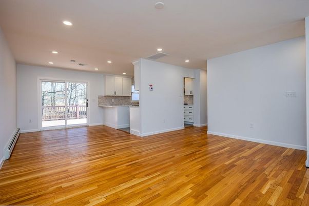 Empty room, Interior, Kitchen, Recessed Lighting, Wood Texture Flooring