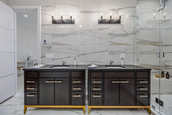 Bathroom, Dual Sink Vanities, Glass Shower, Interior, Marble, Marble Walls