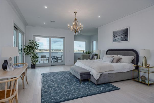 Bedroom, Chandelier, Interior, Recessed Lighting, Water, Wood Texture Flooring