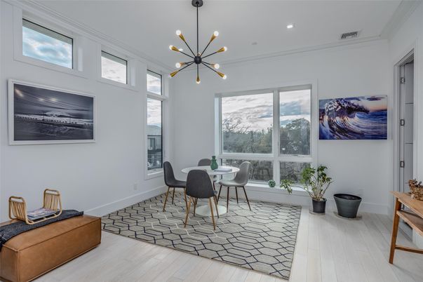 Dining room, Interior, Pendant Lights, Recessed Lighting, Wood Texture Flooring