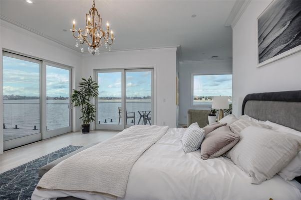 Bedroom, Chandelier, Interior, Recessed Lighting, Water, Wood Texture Flooring