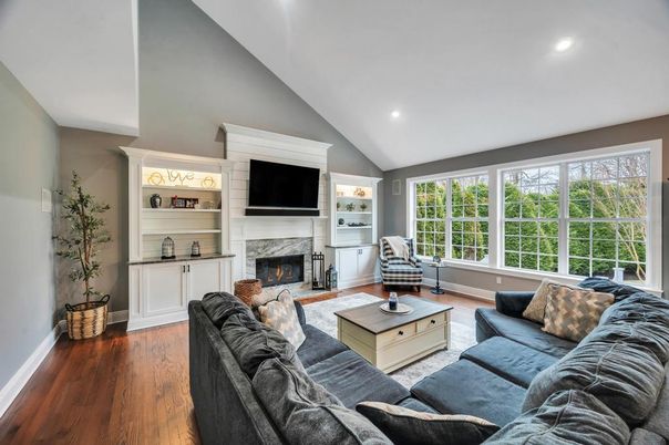Fireplace, Interior, Living room, Recessed Lighting, Wood Texture Flooring