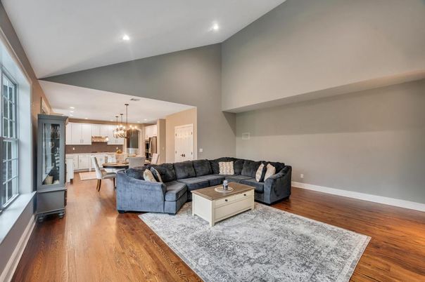 Chandelier, Dining room, Interior, Kitchen, Living room, Pendant Lights, Recessed Lighting, Wood Texture Flooring