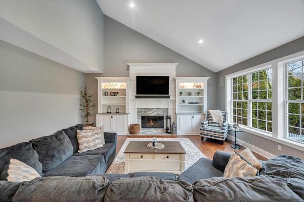 Fireplace, Interior, Living room, Recessed Lighting, Wood Texture Flooring