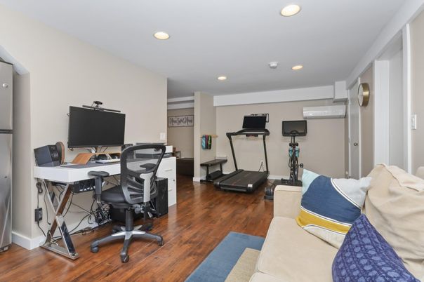 Fitness Equipment, Home Office, Interior, Recessed Lighting, Wood Texture Flooring