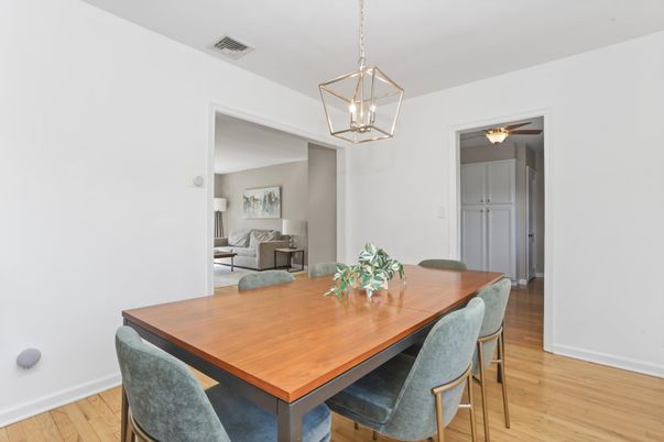 Dining room, Interior, Pendant Lights, Wood Texture Flooring