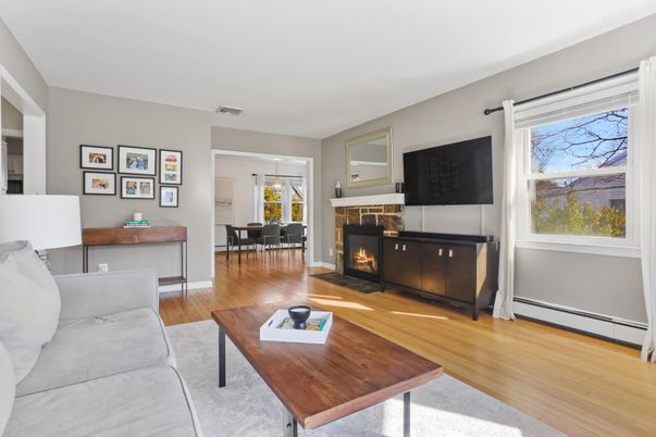 Dining room, Fireplace, Interior, Living room, Wood Texture Flooring