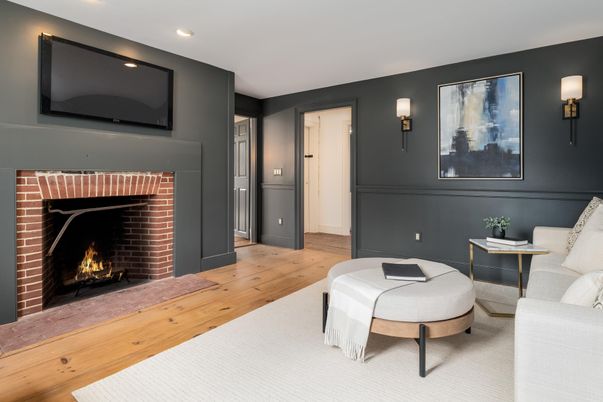 Fireplace, Interior, Recessed Lighting, Wood Texture Flooring