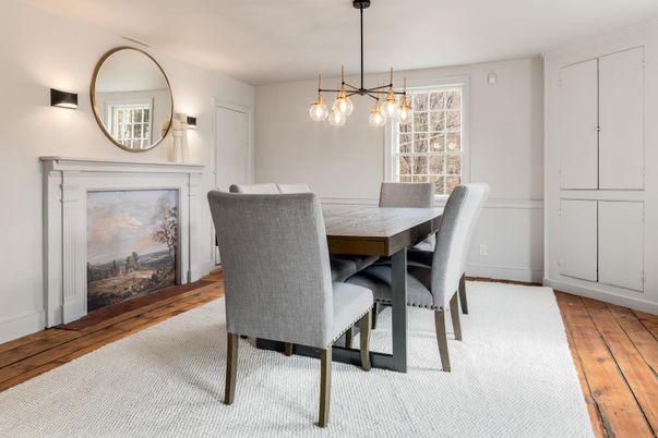 Dining room, Fireplace, Interior, Pendant Lights, Wood Texture Flooring