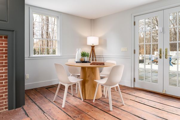 Dining room, Interior, Stone Walls, Wood Texture Flooring