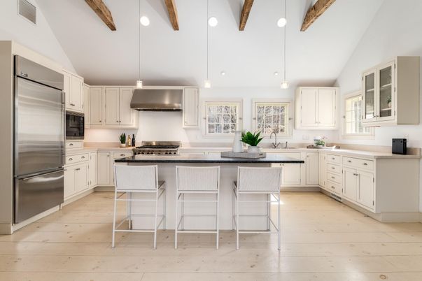 Interior, Kitchen, Pendant Lights, Recessed Lighting, Stainless Steel Appliances, Wooden Beams, Wood Texture Flooring