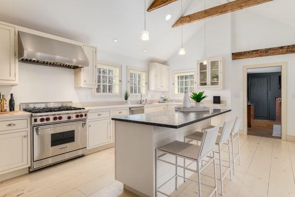 Interior, Kitchen, Pendant Lights, Recessed Lighting, Stainless Steel Appliances, Wooden Beams, Wood Texture Flooring