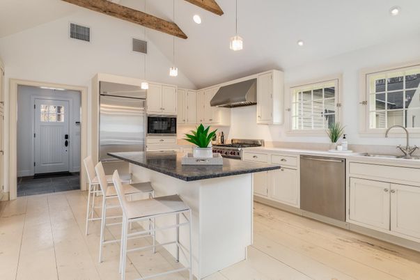 Interior, Kitchen, Pendant Lights, Recessed Lighting, Stainless Steel Appliances, Wooden Beams, Wood Texture Flooring
