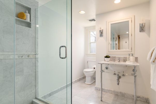 Bathroom, Glass Shower, Interior, Marble Walls, Recessed Lighting