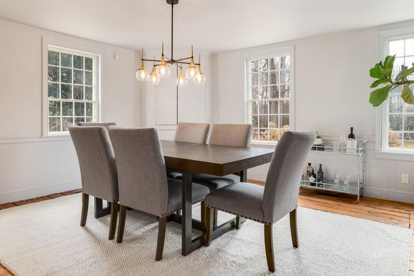 Dining room, Interior, Pendant Lights, Wood Texture Flooring