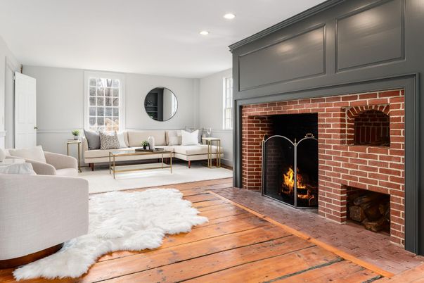 Fireplace, Interior, Living room, Recessed Lighting, Stone Walls, Wood Texture Flooring