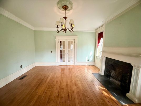 Chandelier, Empty room, Fireplace, Interior, Wood Texture Flooring