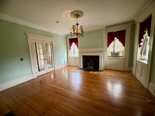 Chandelier, Empty room, Fireplace, Interior, Wood Texture Flooring