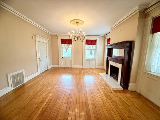 Chandelier, Empty room, Fireplace, Interior, Wood Texture Flooring