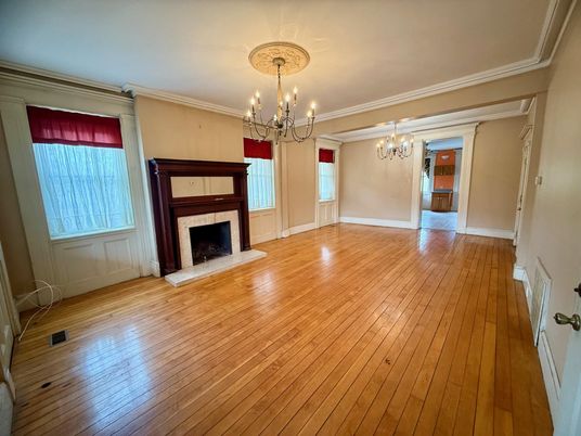Chandelier, Empty room, Fireplace, Interior, Wood Texture Flooring