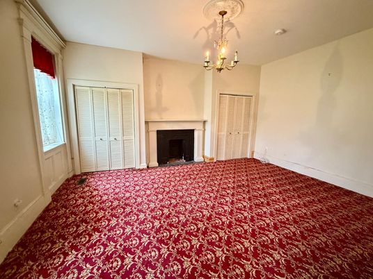 Chandelier, Empty room, Fireplace, Interior